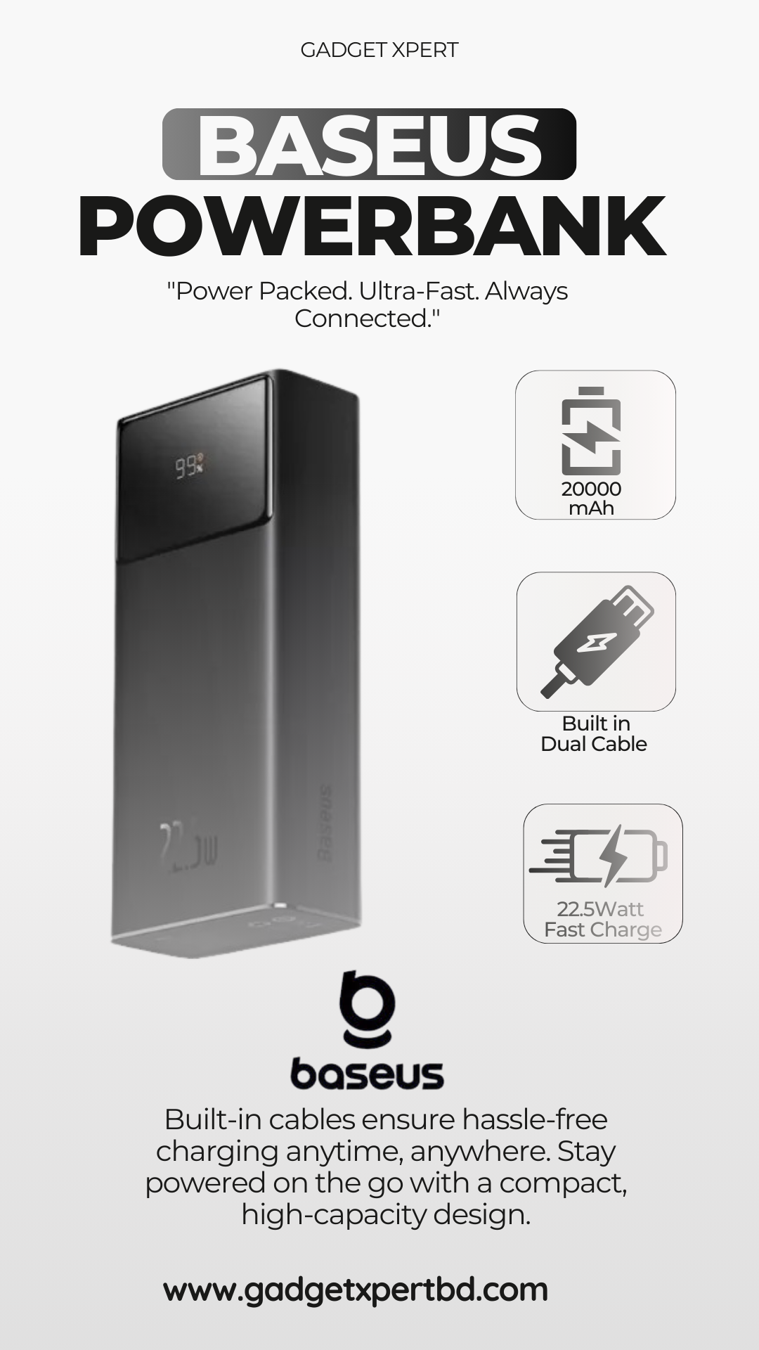 Baseus Original Power Bank 20000mAh 22.5W Built-in Lightning & Type-C Cable  Comet Series  Digital Display Fast Charge Power Bank PPMD020101